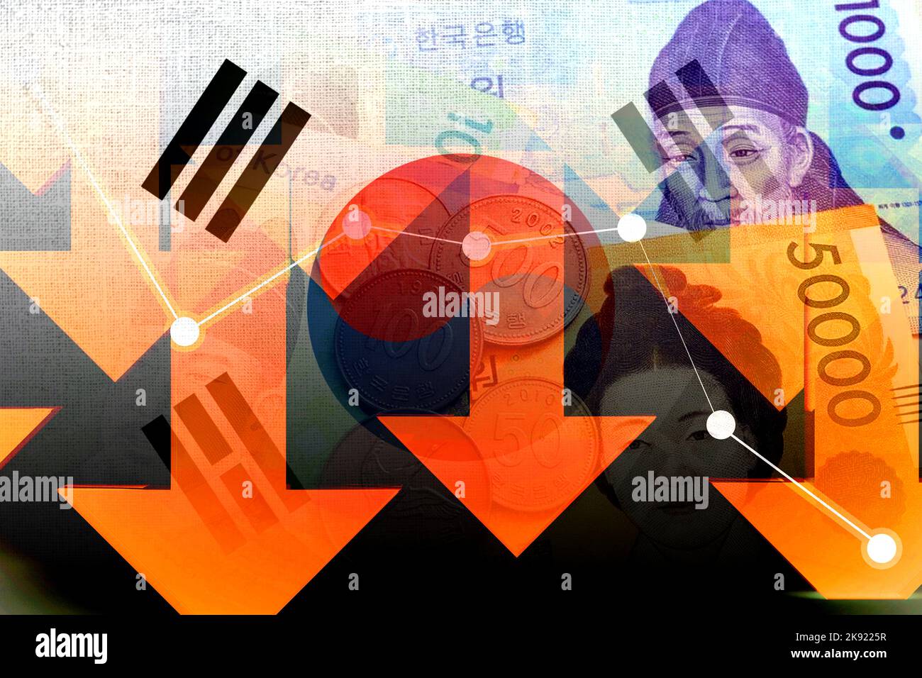 Economy Graph: Down Arrows, South Korean Flag, and Cash South Korean