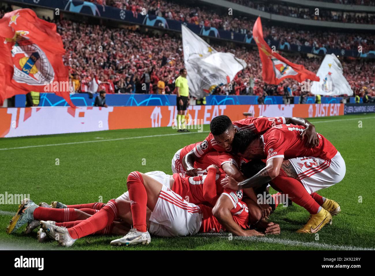 Lisbon, Portugal. 25th Oct, 2022. Rafa Silva of Benfica celebrates with team mates after scoring the goal of 3-1 during the Champions League Group H football match between Benfica and Juventus FC at estadio da Luz in Lisbon (Portugal), October 25h, 2022. Photo Federico Tardito/Insidefoto Credit: Insidefoto di andrea staccioli/Alamy Live News Stock Photo