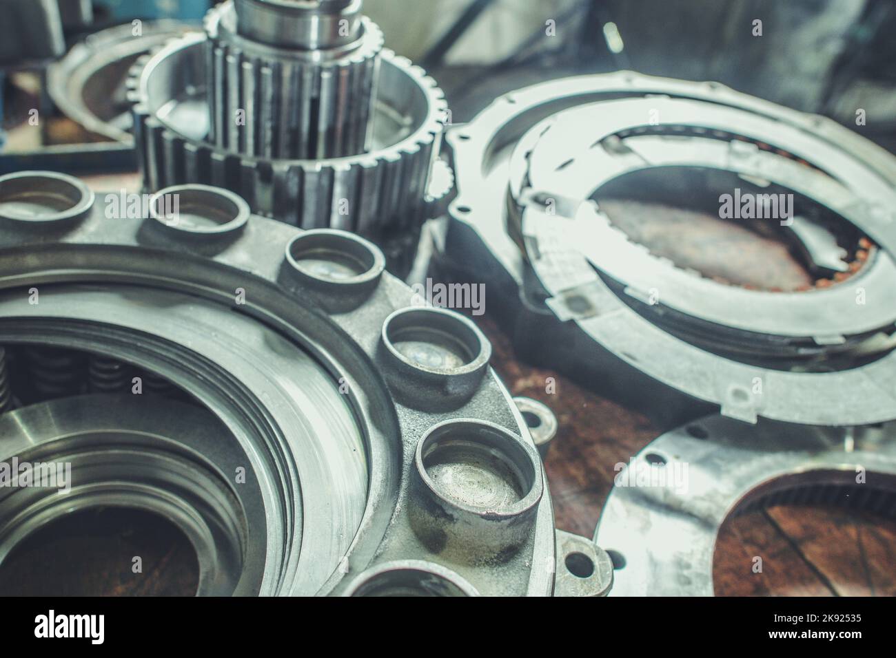Automotive Transmission Components Closeup. Spare Gearbox Parts at