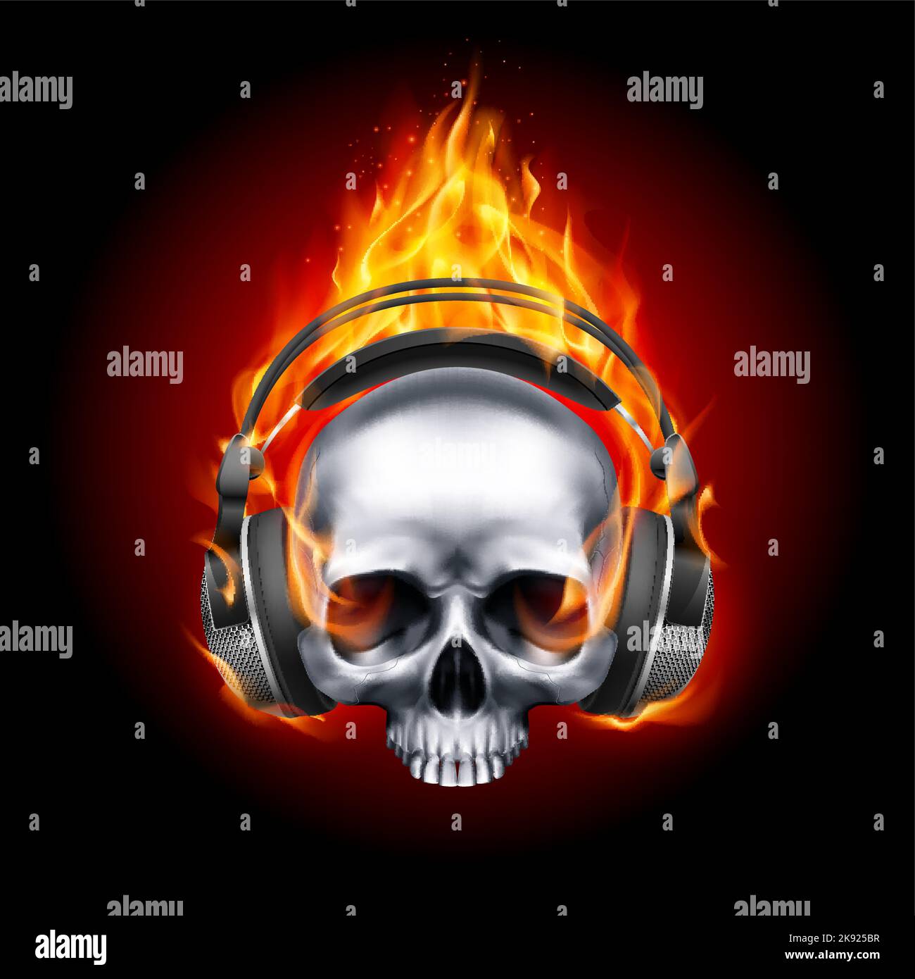Flaming Metall Skull Music with Headphone or Human Skull Listening to Music Earphone Decorated at Halloween Party on Fire Stock Vector