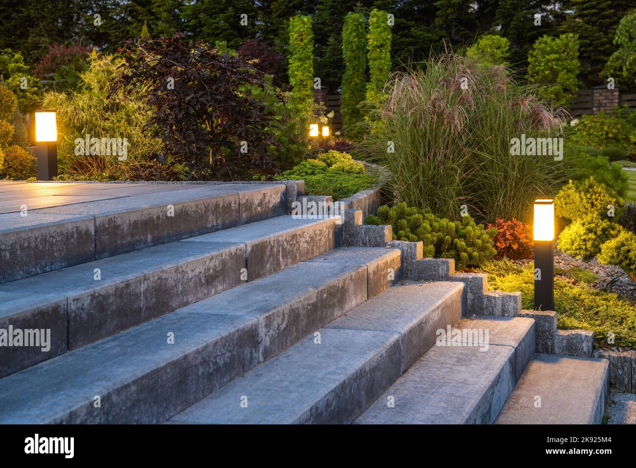 Closeup of Concrete Stairs in Beautifully Landscaped Backyard Garden Planted with Various Shrubs and Bushed and Decorated with Outdoor Garden Lights. Stock Photo