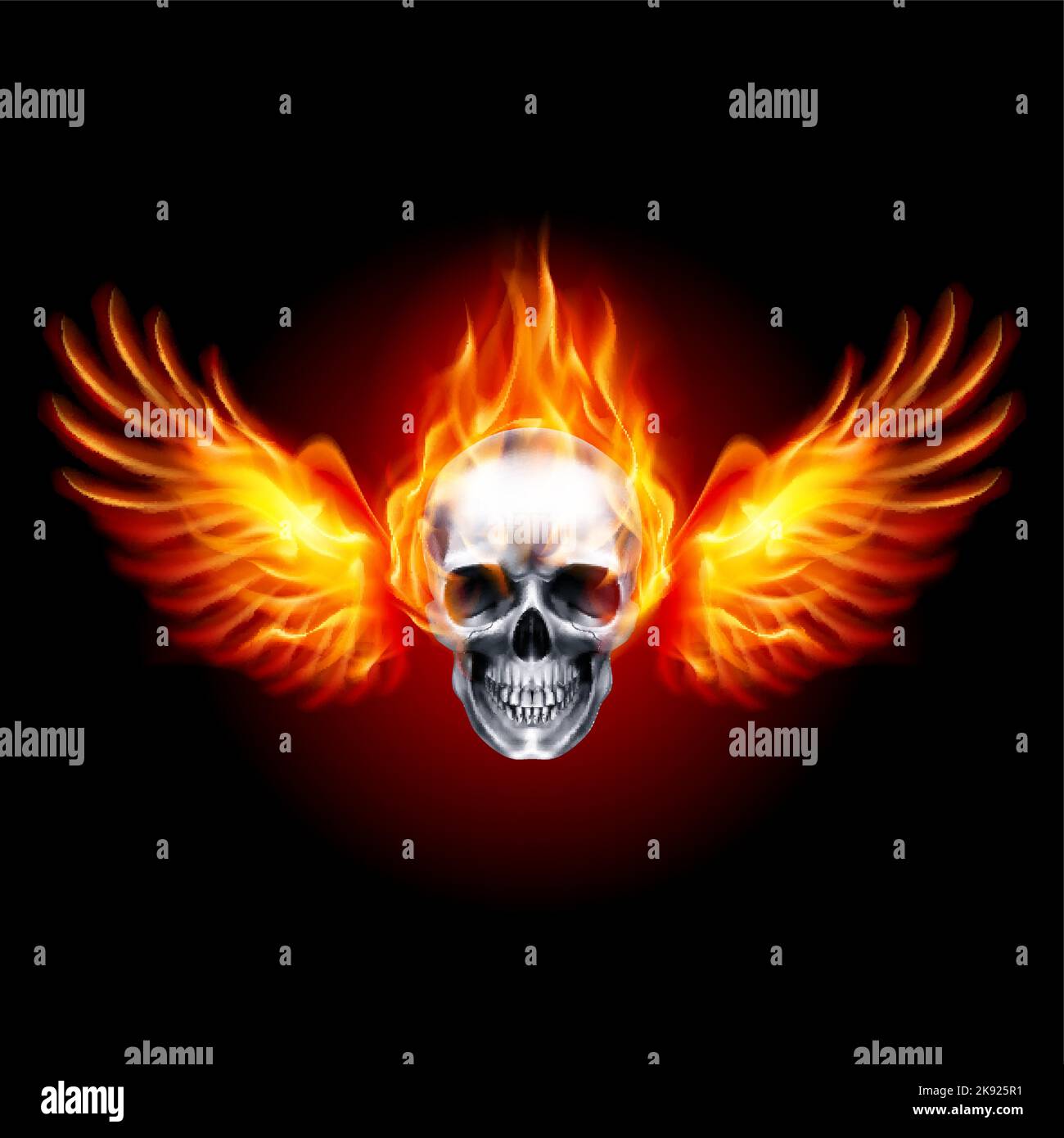 Illustration of Burning Skull Grim Reaper. Fiery Metall Skull with Fire Wings on Black Background Stock Vector