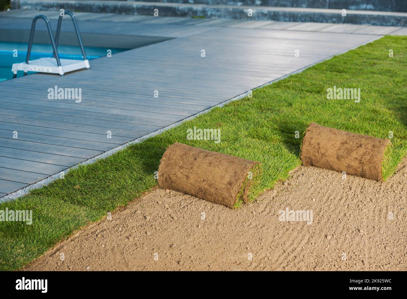 Closeup of Natural Turf Grass Rolls Next to Outdoor Swimming Pool. Roll Out Instant Lawn in the Making. Backyard Resting Area Landscape. Stock Photo