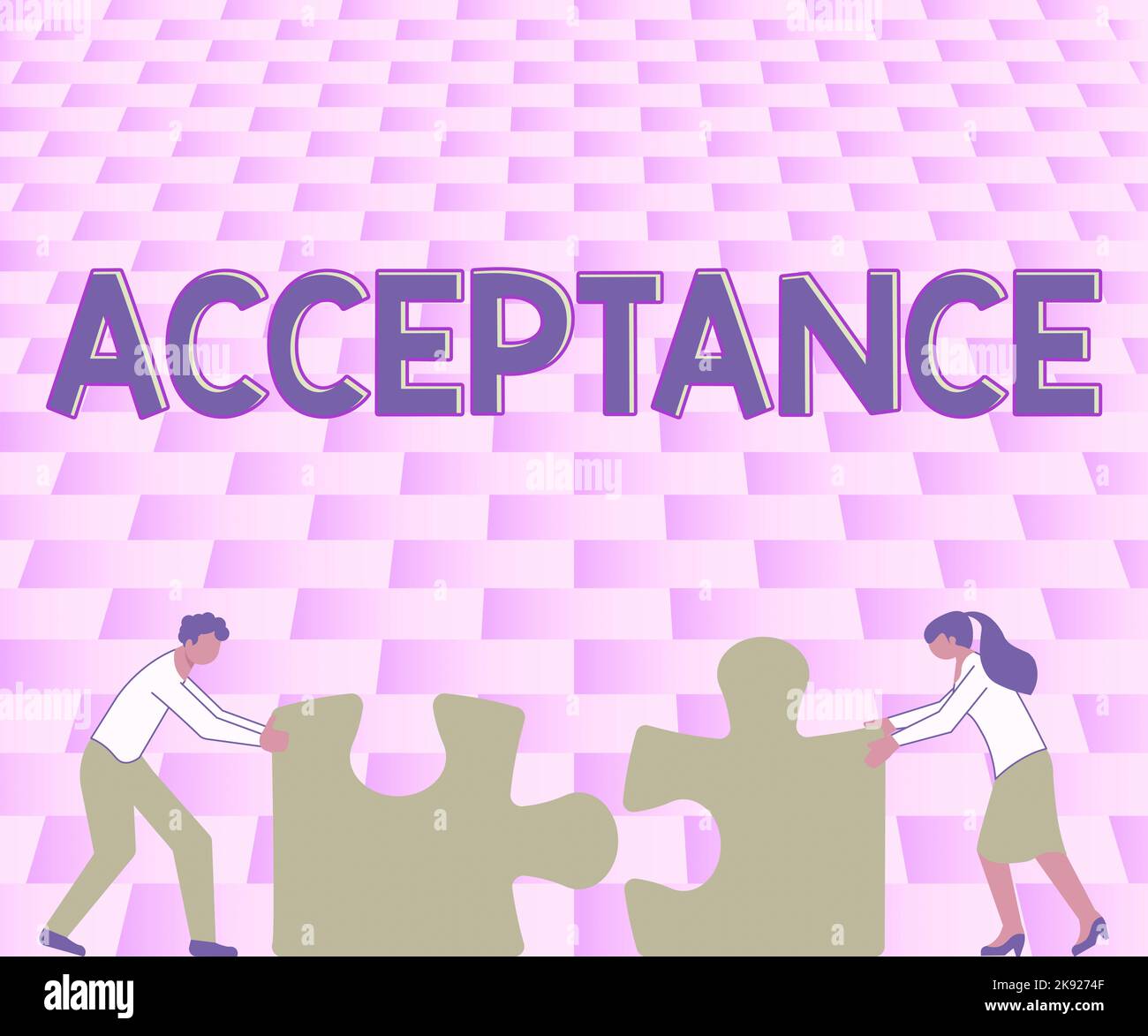 Handwriting text Acceptance. Business overview a condition or a person producing or showing no symptoms Colleagues Conencting Two Pieces Jigsaw Puzzle Stock Photo