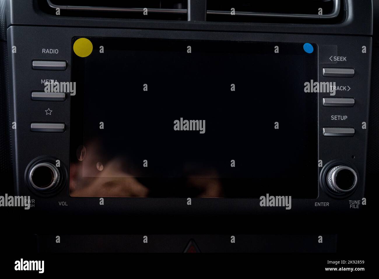 Close up black multimedia panel in modern car Stock Photo