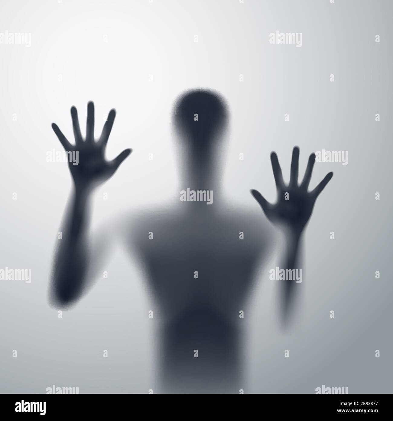 Shadow Blur of Man Behind the Matte Glass. Blurry Hand, Body Figure Abstraction, and Two Palms. The Reflection of the Silhouette Through the Light Stock Vector