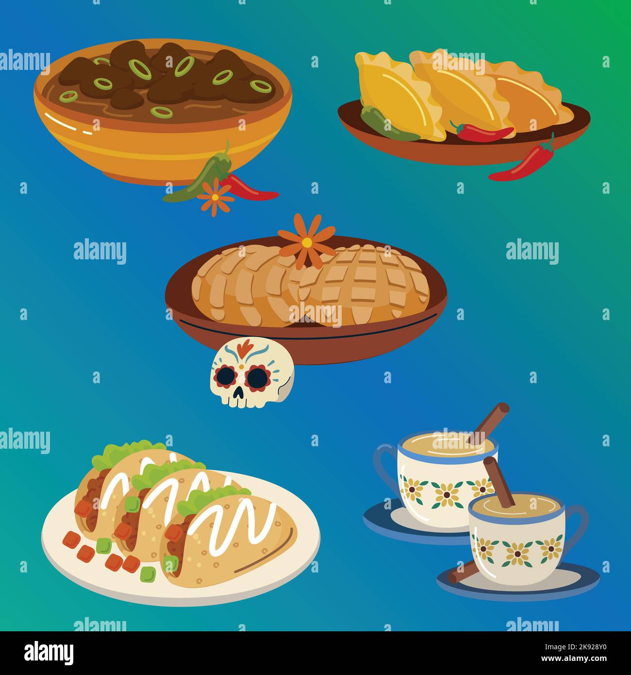 hand drawn flat dia de muertos food collection vector design ...