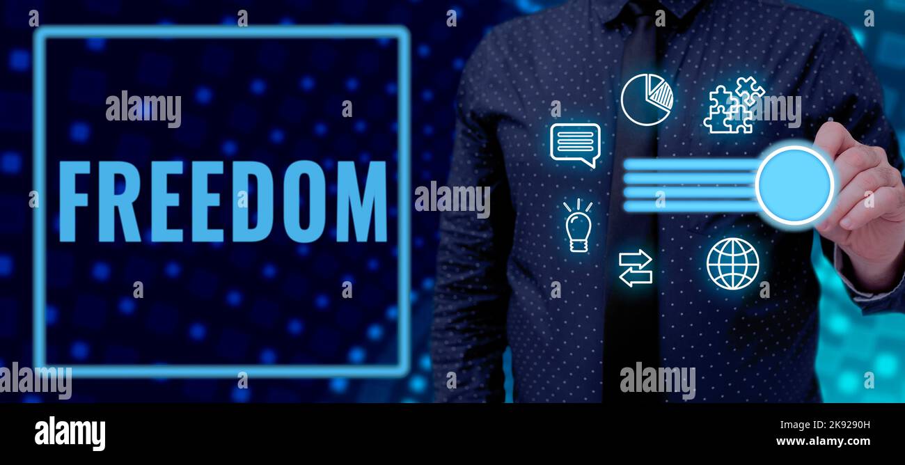 Conceptual caption Freedom. Business overview power or right to act speak or think as one wants without hindrance Man Pointing On Power And Digital Stock Photo