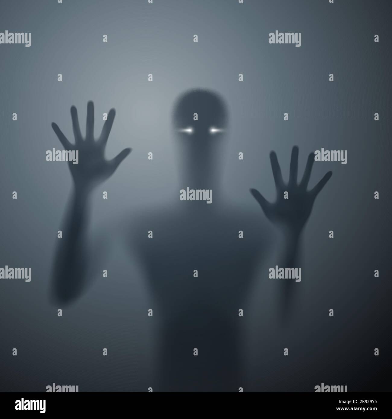 Shadow Blur of Horror Man with White Eyes Behind the Matte Glass. Blurry Hand, Body Figure Abstraction. Halloween Festival Concept Stock Vector