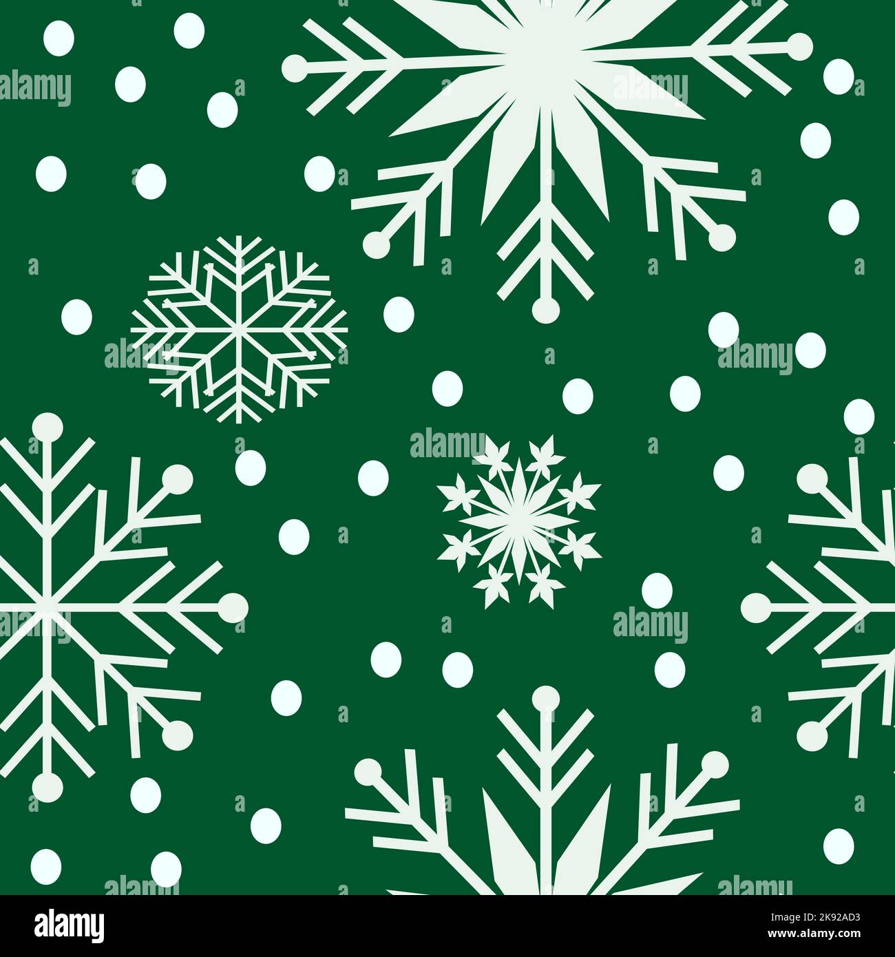Snowflake vector pattern. Green seamless snowflake pattern. Holiday banner with snow elements. Freezing cold symbols. Craft paper. Christmas wrapping Stock Vector