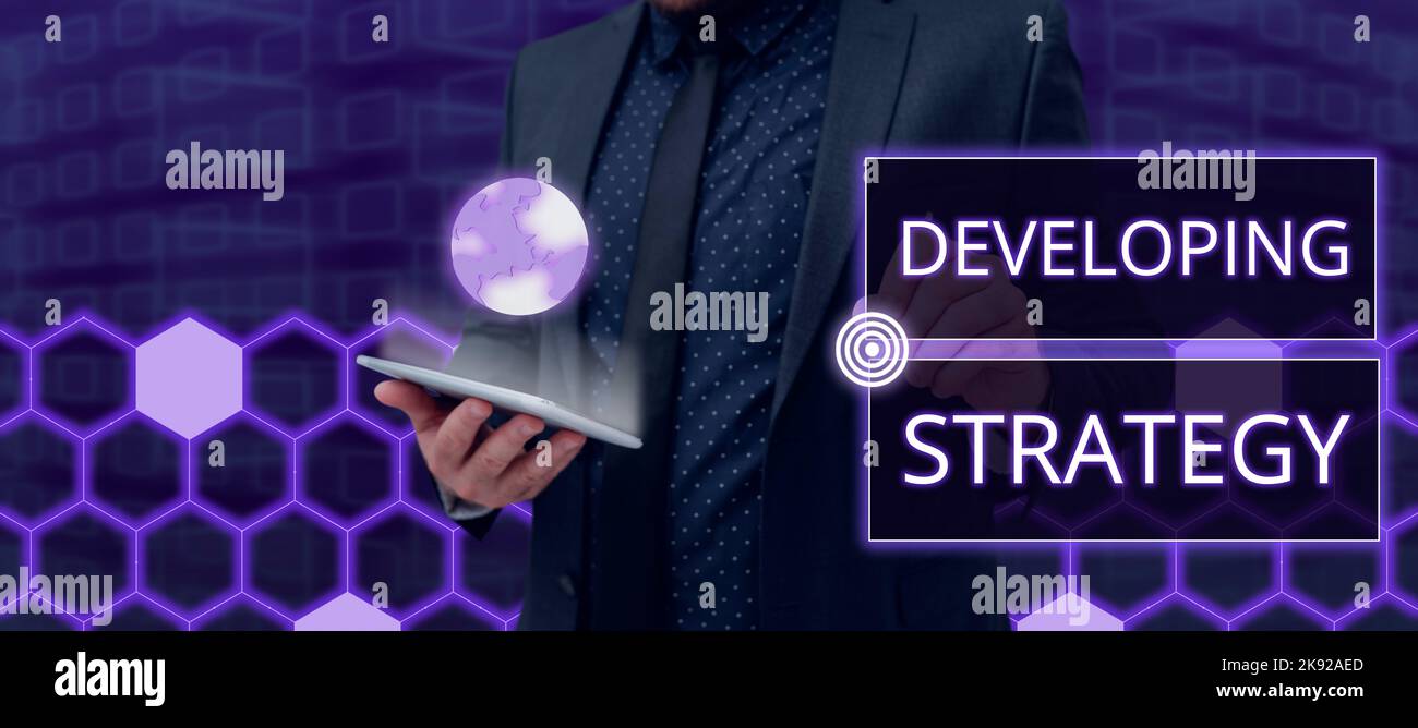 Conceptual display Developing Strategy. Word for Powerful Ways to Connect Online Global High Definition Man With Tablet And Digital Patterns Showing Stock Photo