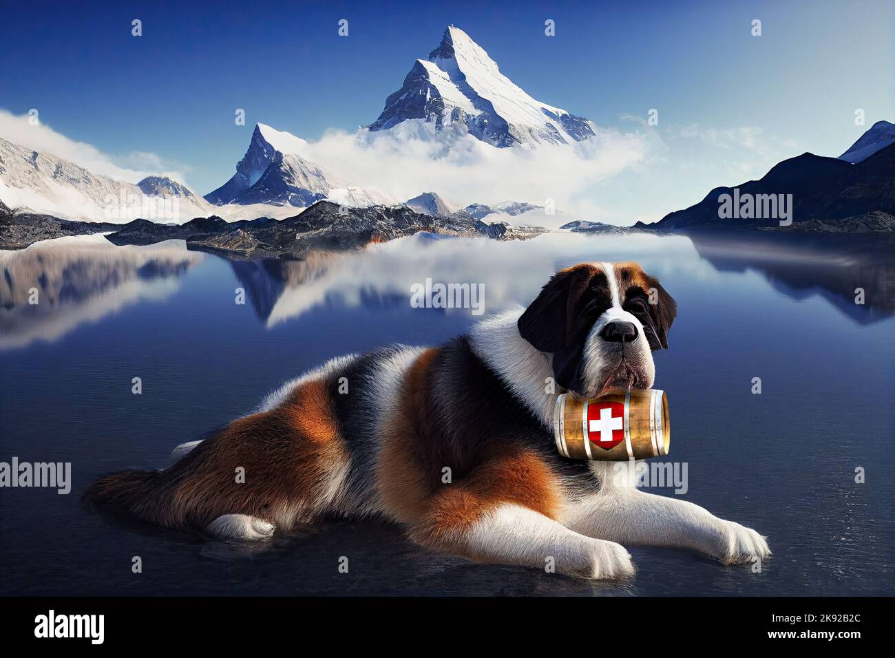 A Saint Bernard dog with its keg of brandy in a Swiss lake as