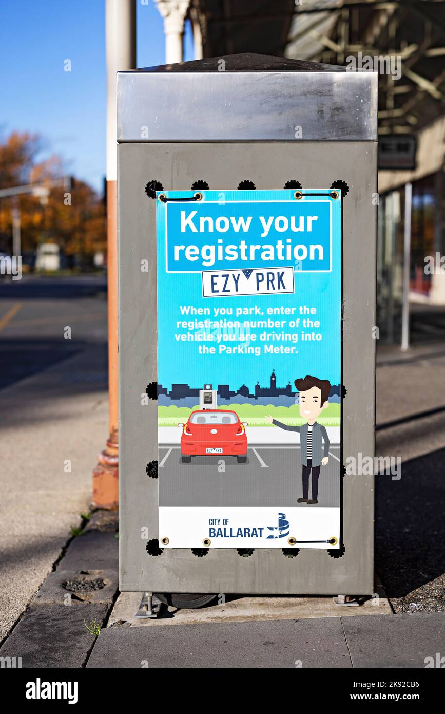 Ballarat Australia / Parking meters information sign on Ballarat street