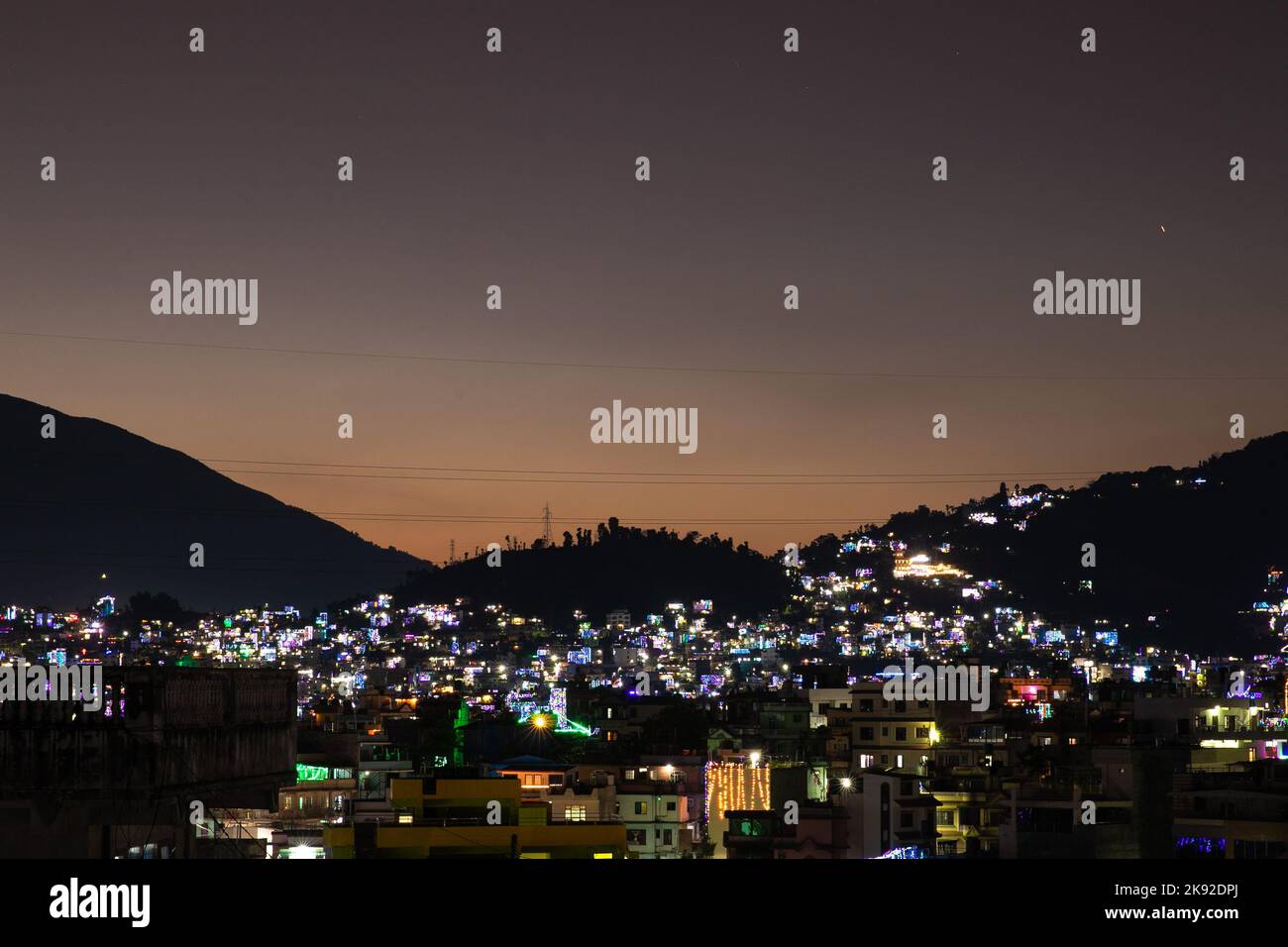 Kathmandu, Nepal. 25th Oct, 2022. Lights illuminate Kathmandu valley