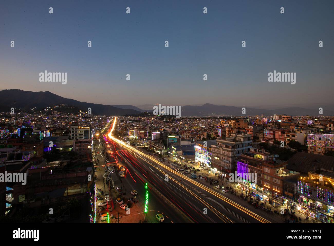 Kathmandu, Nepal. 25th Oct, 2022. Lights illuminate Kathmandu valley