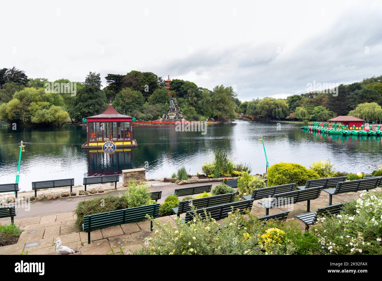 Scarborough, UK: Peasholm Park, an oriental themed municipal park open to everyone, which has hosted naval war battles and musical shows Stock Photo