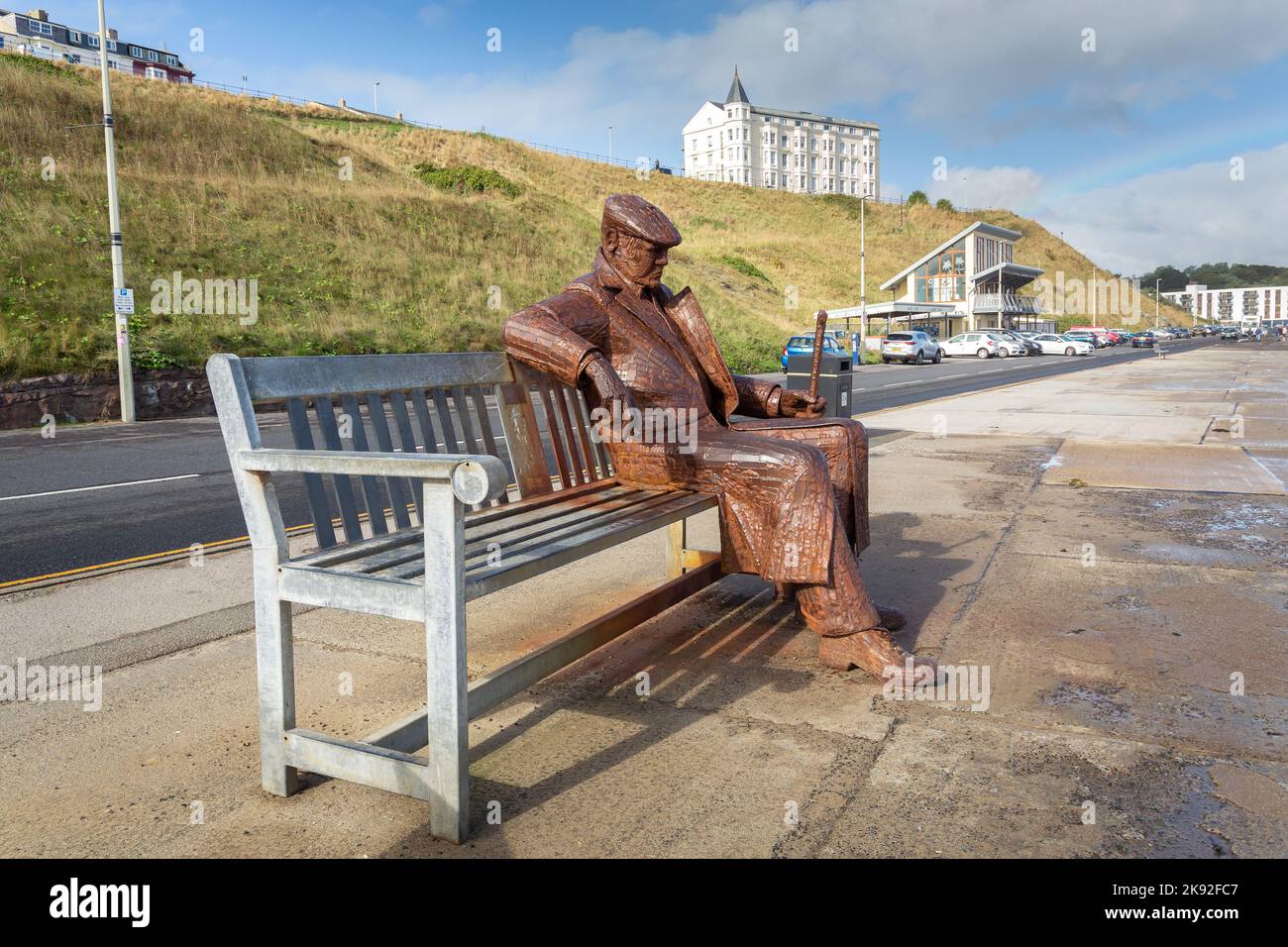Scarborough, UK - September 16 2022: Freddie Gilroy and the Belsen Stragglers sculpture by Ray Lonsdale. Oversized (3.5m) statue of the former soldier Stock Photo