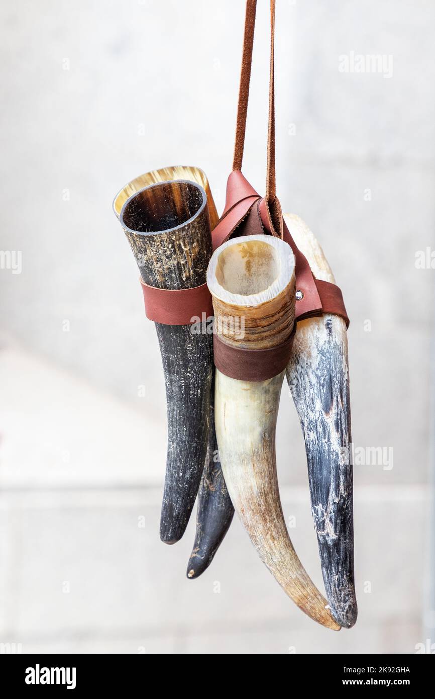 closeup of three horns traditionally used by vikings to drink mead and