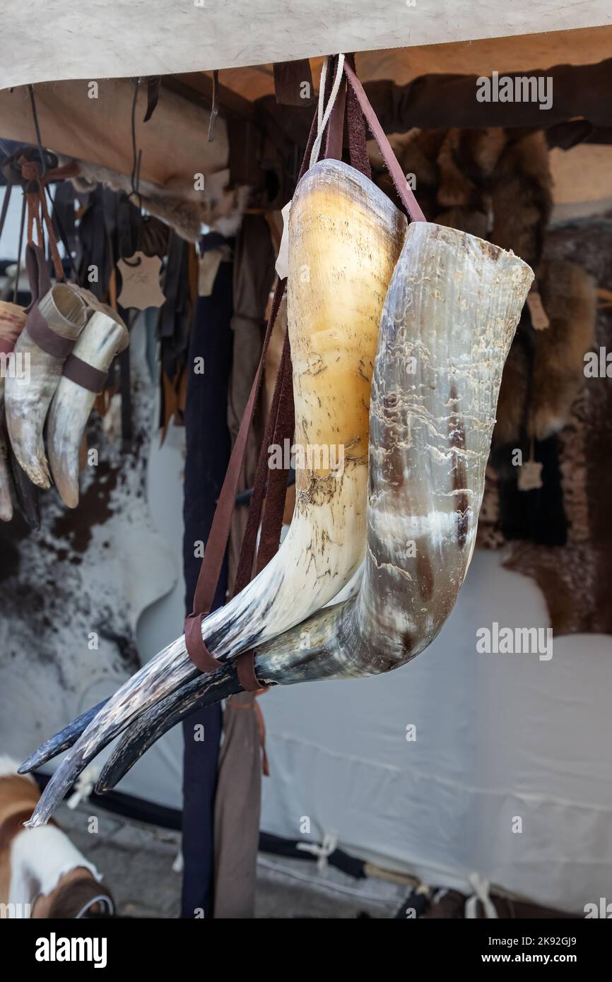 vertical view of horns traditionally used by vikings to drink mead and