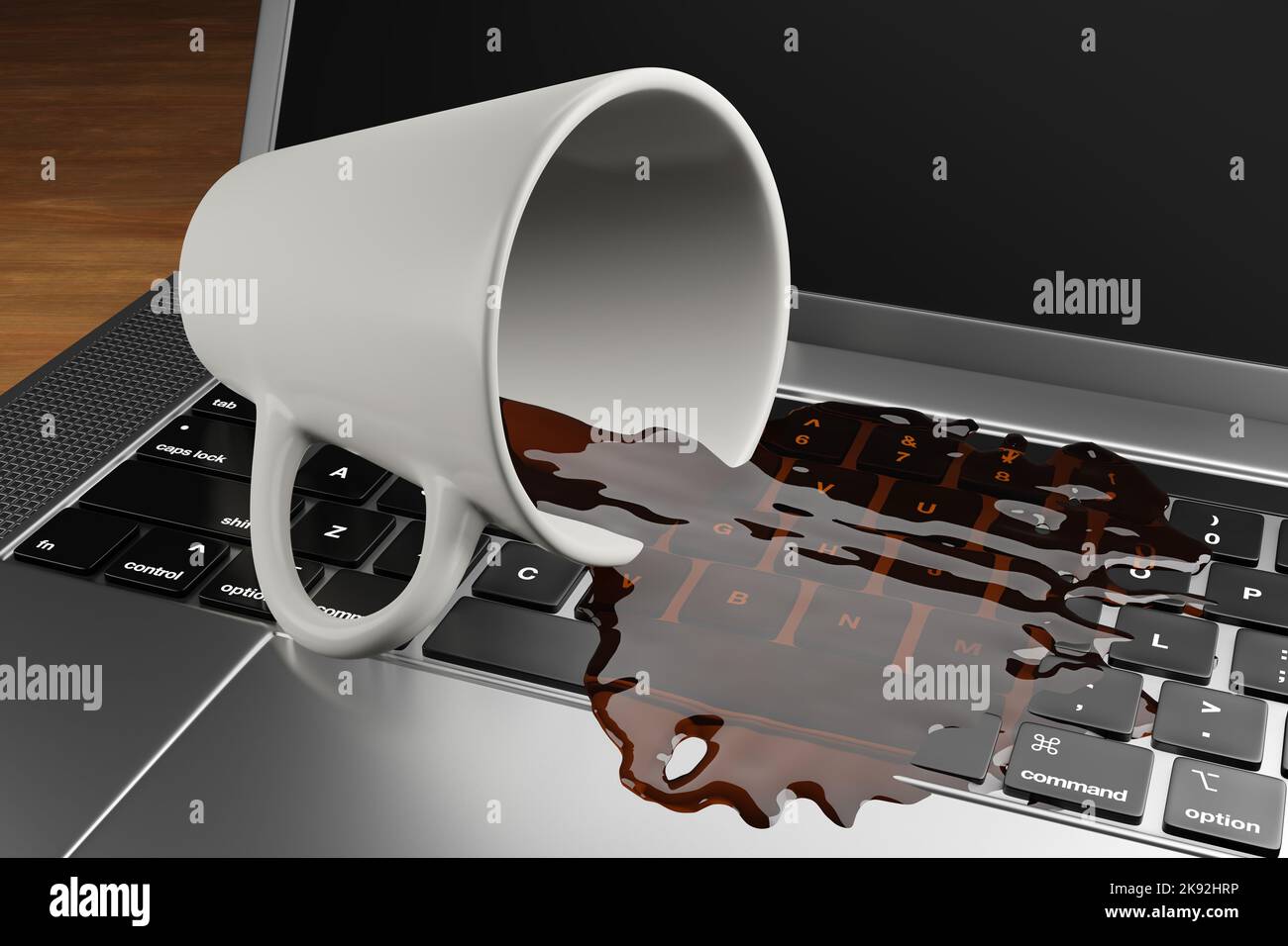 A cup of coffee spilled on the keyboard of a laptop. Illustration of