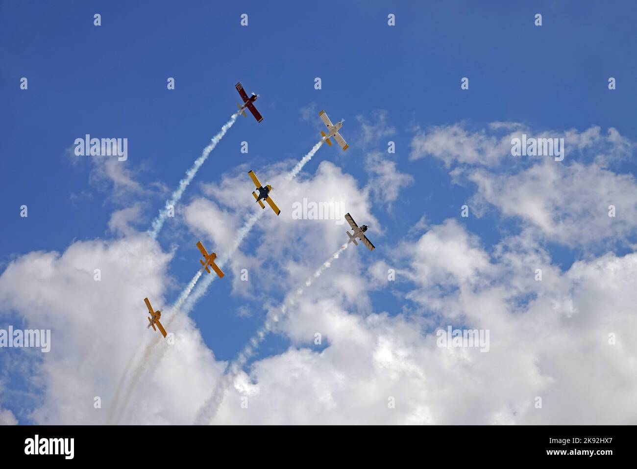 Edwards Air Force Base, California / USA - Oct. 15, 2022: The Dawn Patrol formation flying team flies over while emitting aerobatic smoke trails. Stock Photo