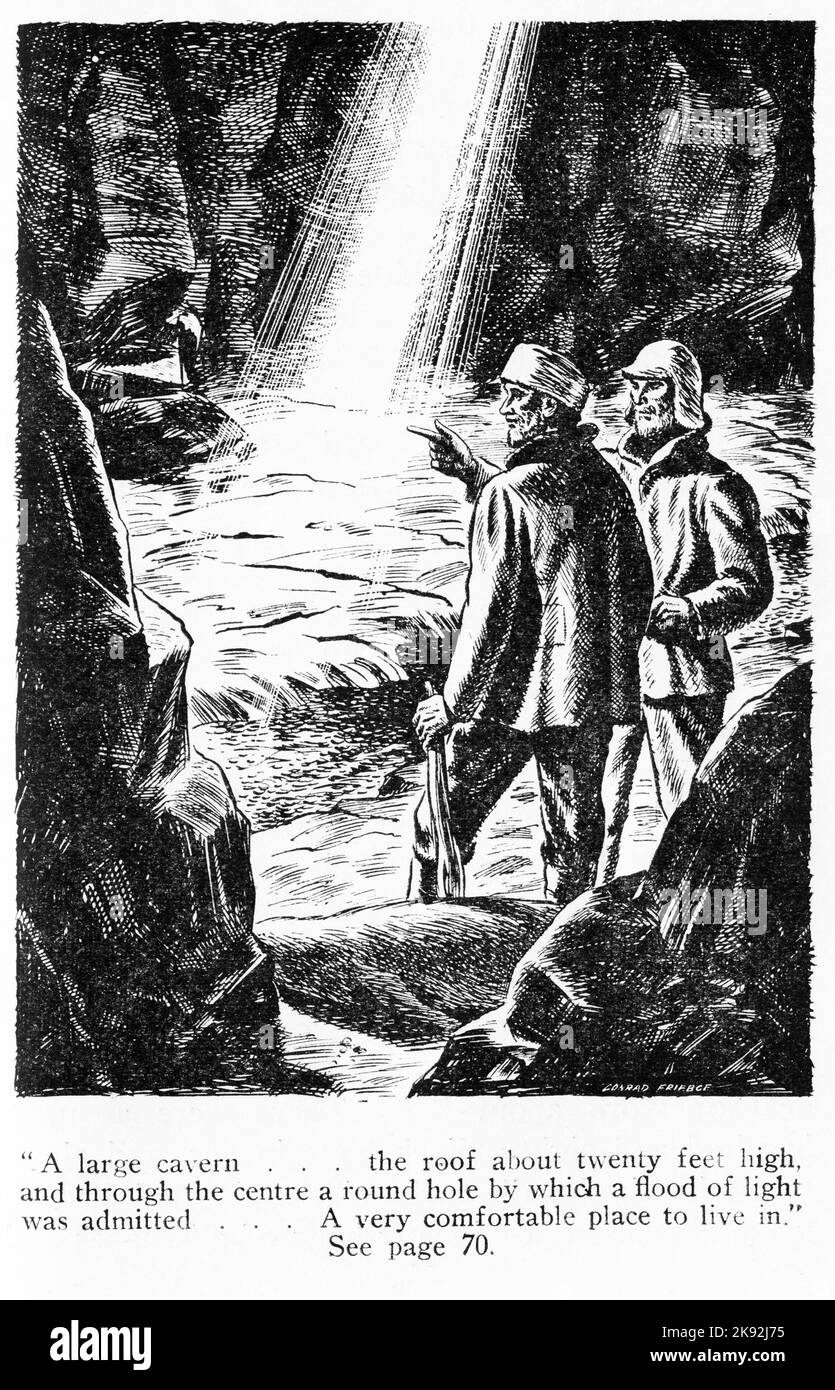 Illustration of the crew of the Grafton discover a cavern after being wrecked on the Auckland Islands in 1864. Stock Photo