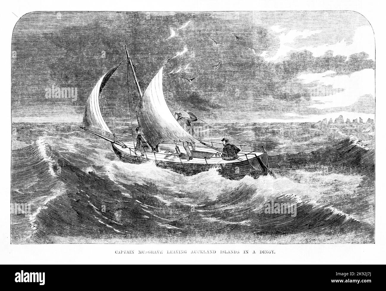 Thomas Musgrave and two crew members leave the Auckland Islands in a makeshift boat, 20 months after their ship, the Grafton, was wrecked on the islands in 1864 Stock Photo
