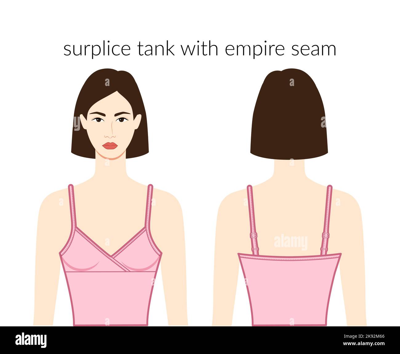 Surplice tank with empire seam neckline clothes character beautiful lady in pink top, shirt, dress technical fashion illustration. Flat apparel template front, back sides. Women, men unisex CAD mockup Stock Vector