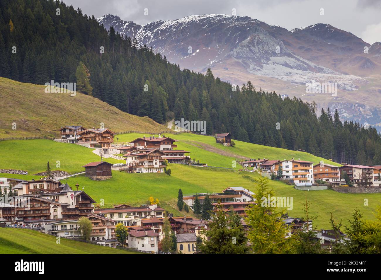Tux village cityscape above Zillertal valley, Tyrol Snowcapped alps, Austria Stock Photo