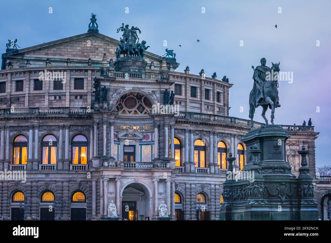 Semper Opera House Dresden illuminated at evening, Germany Stock Photo