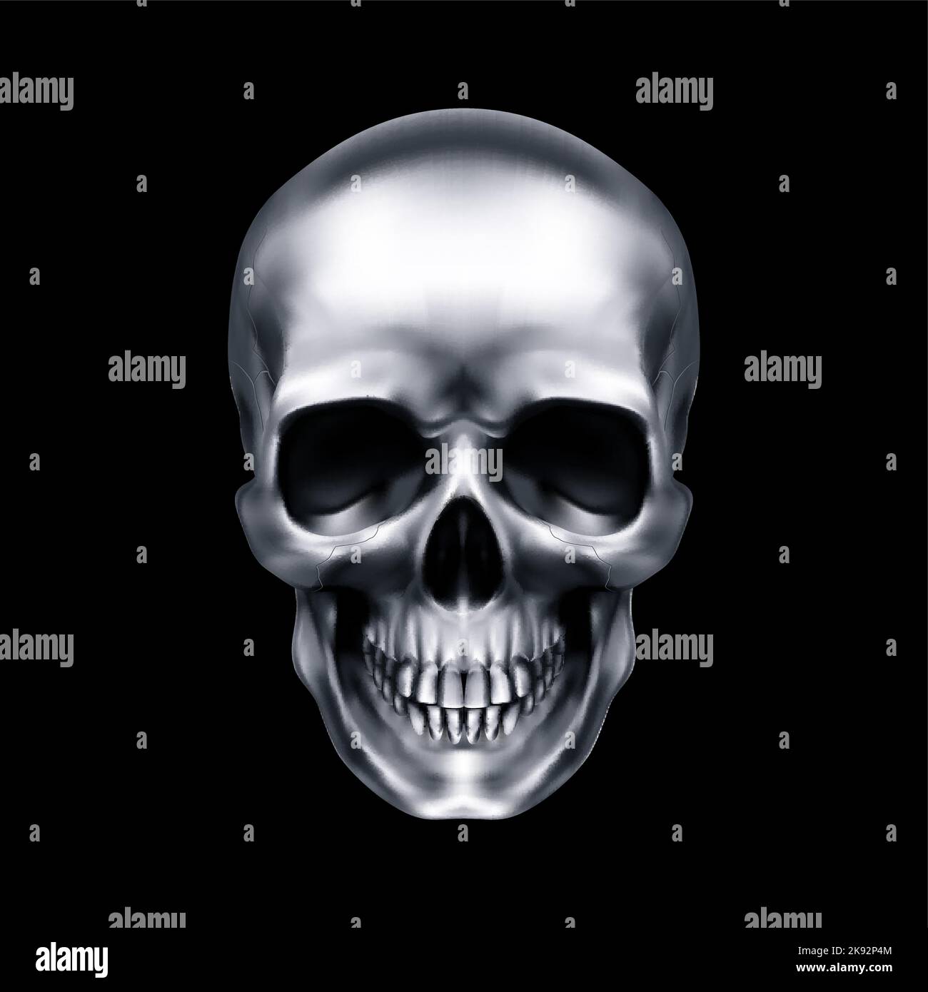 Human Metallic Skull. The Concept of Death, Horror. A Symbol of Spooky Halloween. Isolated Object on a Black Background, Can be Used with any Image Stock Vector