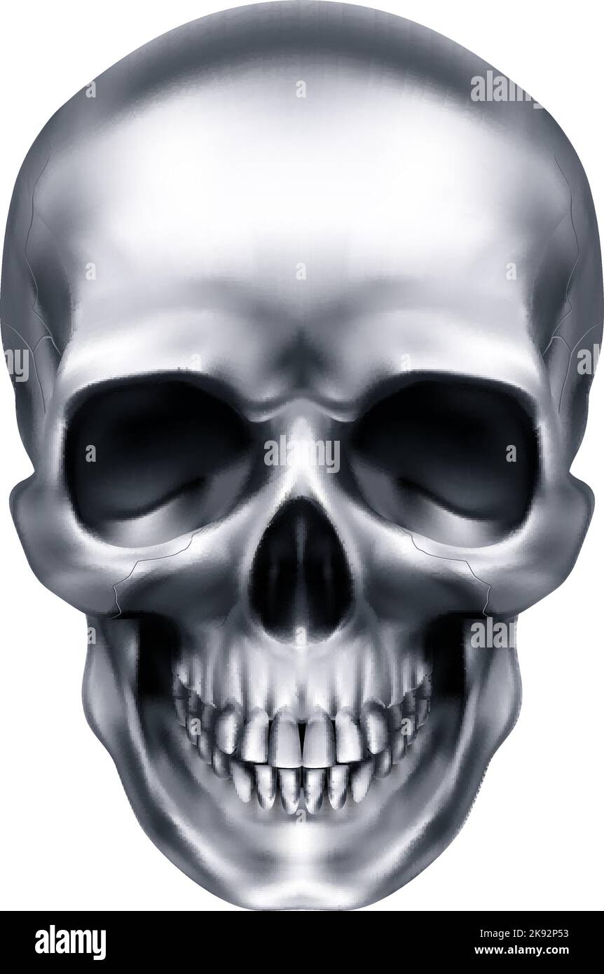 Human Metallic Skull. The Concept of Death, Horror. A Symbol of Spooky Halloween. Isolated Object on a White Background, Can be Used with any Image Stock Vector