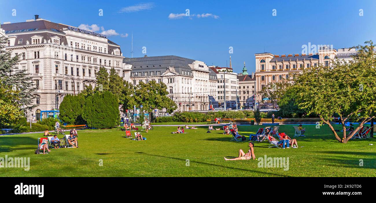 VIENNA, AUSTRIA - JULY 21, 2009: people relax at Sigmund-Freud Park in Vienna, Austria. In 1961 the park in Alser was renamed to Sigmund -Freud Park. Stock Photo