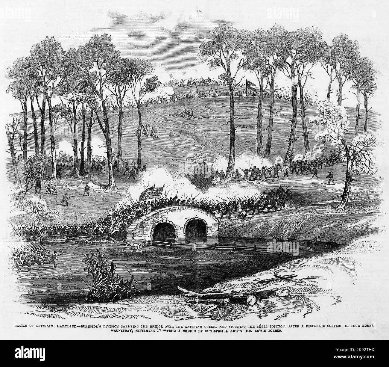 Battle of Antietam, Maryland - General Ambrose Everett Burnside's division carrying the bridge over the the Antietam Creek, and storming the Rebel position, after a desperate conflict of four hours, Wednesday, September 17th, 1862. 19th century American Civil War illustration from Frank Leslie's Illustrated Newspaper Stock Photo