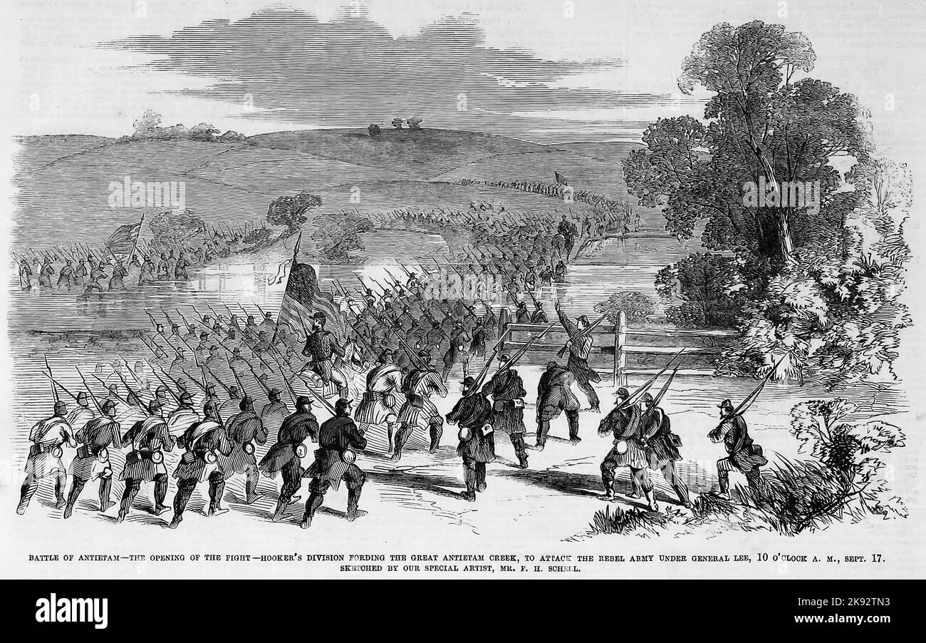 Battle of Antietam - The opening of the fight - General Joseph Hooker's division fording the great Antietam Creek, to attack the Rebel army under General Robert E. Lee, 10 o'clock A. M., September 17th, 1862. 19th century American Civil War illustration from Frank Leslie's Illustrated Newspaper Stock Photo