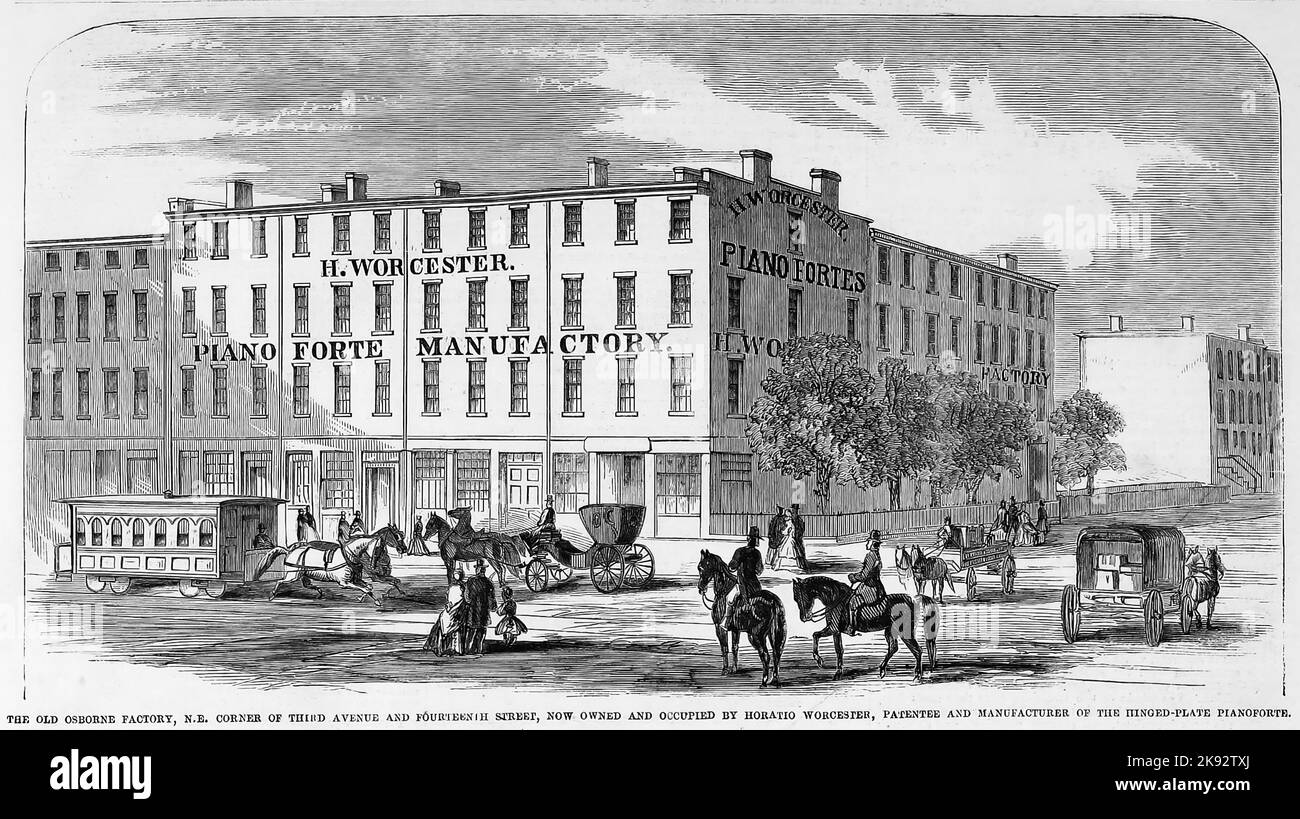 The old Osborne Factory, northeast corner of Third Avenue and Fourteenth Street, New York City, now owned and occupied by Horatio Worcester, patentee and manufacturer of the hinged-plate pianoforte. October 1862. 19th century American Civil War illustration from Frank Leslie's Illustrated Newspaper Stock Photo