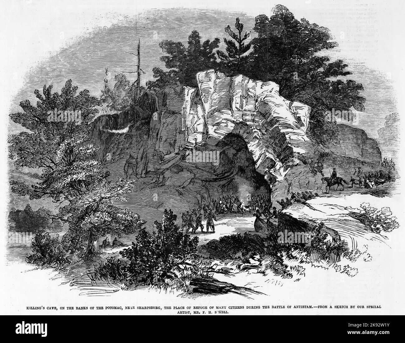 Killiansburg Cave, on the banks of the Potomac, near Sharpsburg, Maryland, the place of refuge of many citizens during the Battle of Antietam. September 1862. 19th century American Civil War illustration from Frank Leslie's Illustrated Newspaper Stock Photo