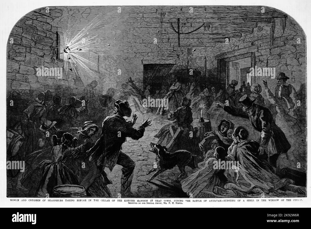 Women and children of Sharpsburg, Maryland, taking refuge in the cellar of the Kretzer Mansion in that town, during the Battle of Antietam - Bursting of a shell in the window of the cellar. September 1862. 19th century American Civil War illustration from Frank Leslie's Illustrated Newspaper Stock Photo