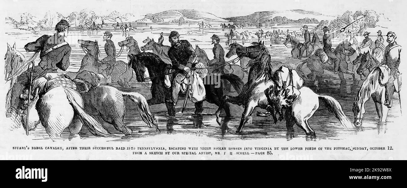 General J. E. B. Stuart's Rebel cavalry, after their successful raid into Pennsylvania, escaping with their stolen horses into Virginia by the lower fords of the Potomac, Sunday, October 12th, 1862. 19th century American Civil War illustration from Frank Leslie's Illustrated Newspaper Stock Photo