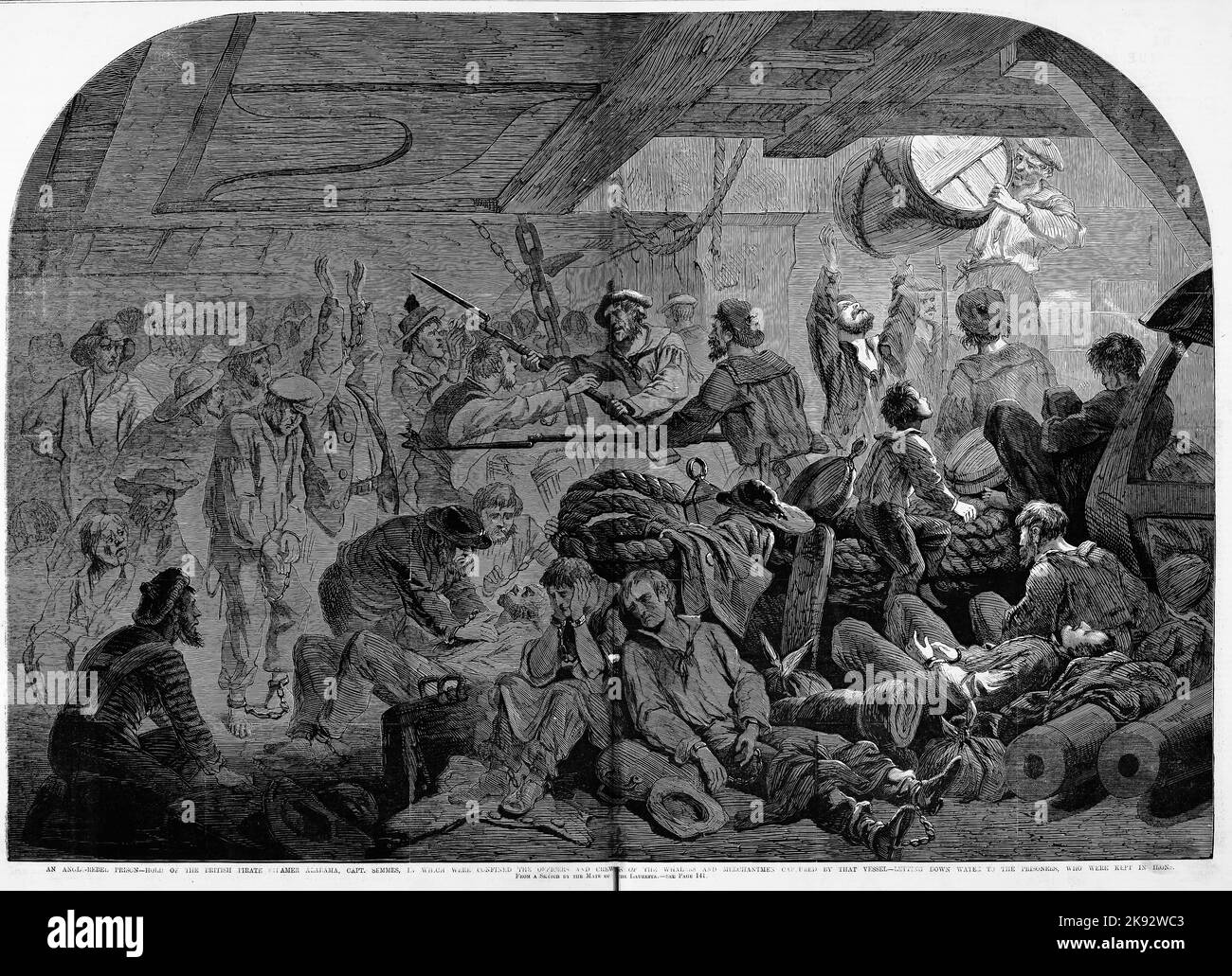 An Anglo-Rebel Prison - Hold of the British pirate steamer Alabama, Captain Raphael Semmes, in which were confined the officers and crews of the whalers and merchantmen captured by that vessel - Letting down water to the prisoners, who were kept in irons. October 1862. 19th century American Civil War illustration from Frank Leslie's Illustrated Newspaper Stock Photo