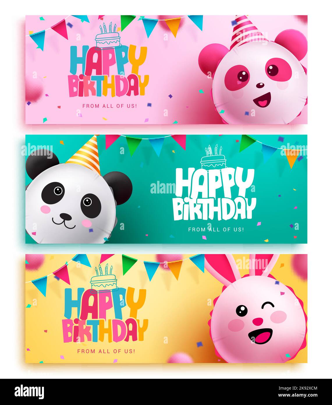 Happy birthday text vector banner set design. Birthday greeting card with inflatable character balloons for party lay out background decoration. Stock Vector