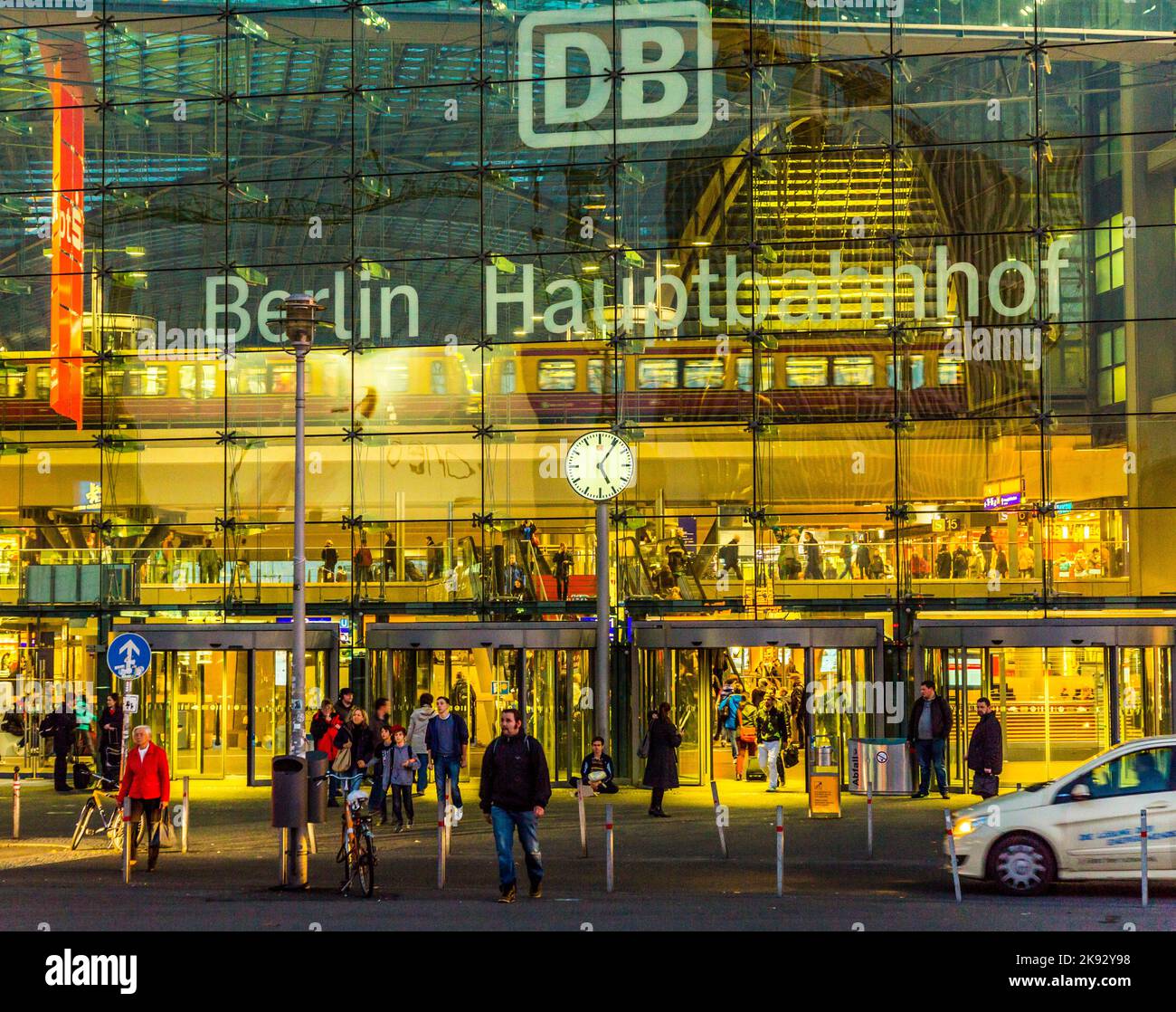 BERLIN, GERMANY - OCT 27, 2014: Berlin main station frontview by night in Berlin, Germany. This railway station came into full operation after a cerem Stock Photo