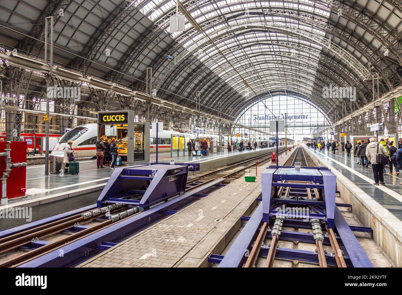 FRANKFURT, GERMANY - FEB 24, 2015: Inside the Frankfurt central station in Frankfurt, Germany. With about 350.000 passengers per day its the most freq Stock Photo