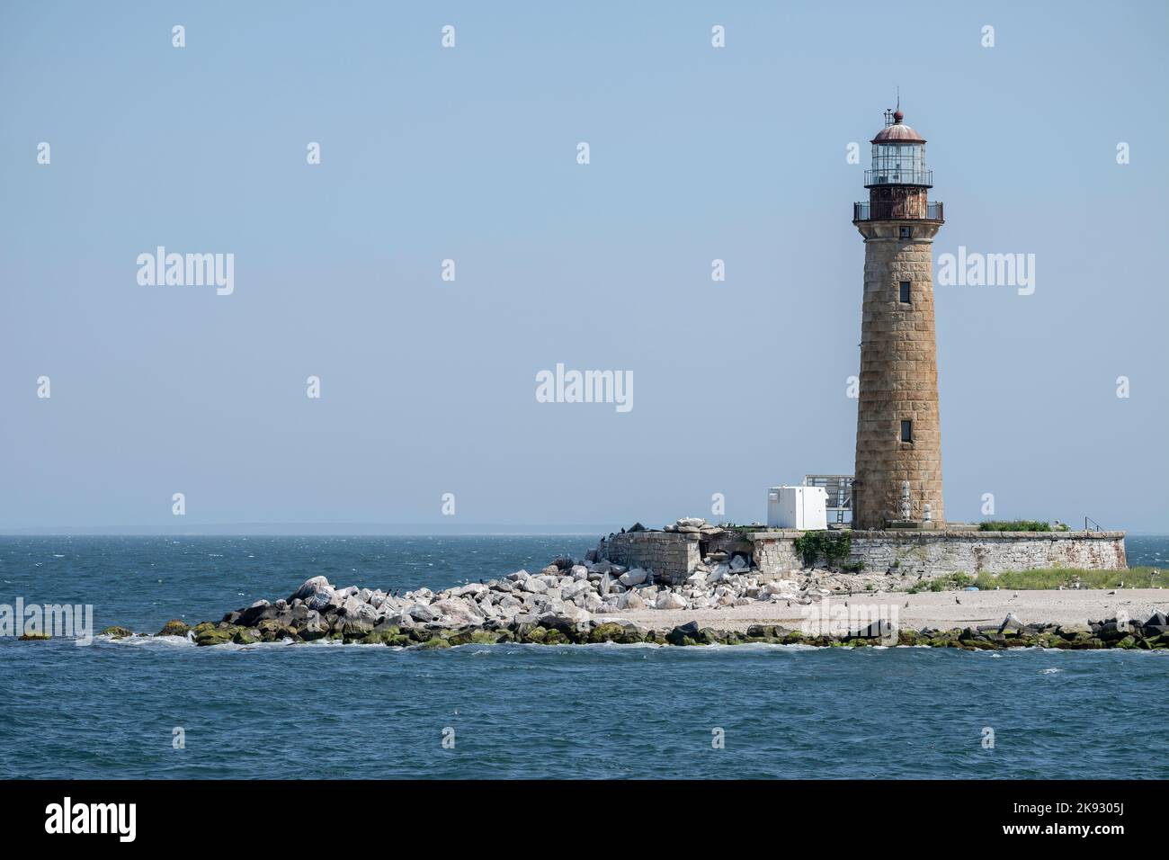 Little Gull Island Lighthouse located in the Long Island Sound in New York Stock Photo