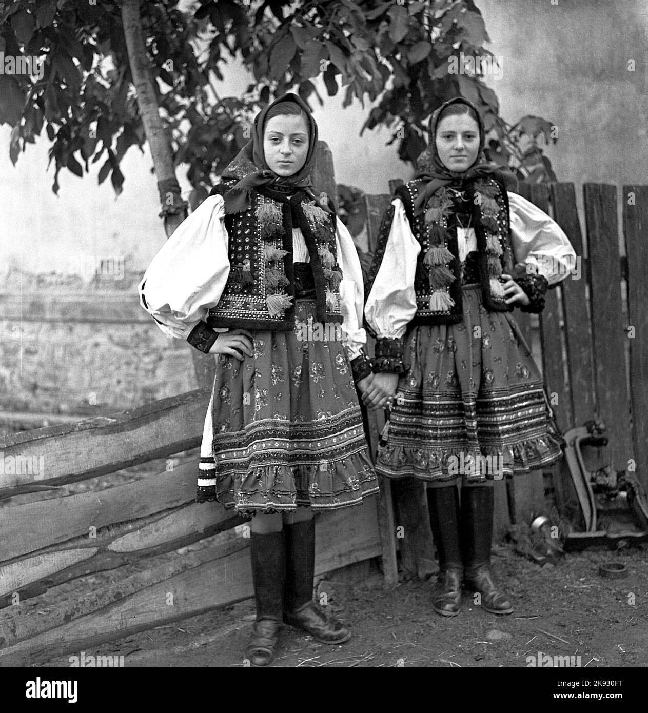 Covasna County, Romania, approx. 1974.  Women of Hungarian ethnicity wearing their beautiful traditional folk costumes. Stock Photo
