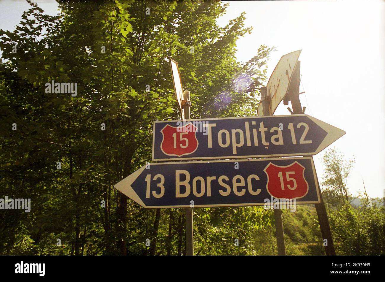 Harghita County, Transylvania, Romania, approx. 2000. Street indicators towards nearby towns. Stock Photo