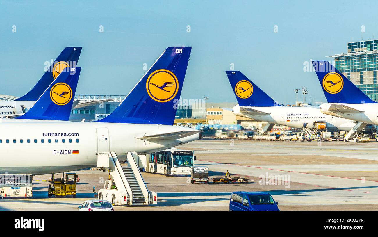 FRANKFURT, GERMANY JULY 6, 2015 Terminal 1 with passengers airplane