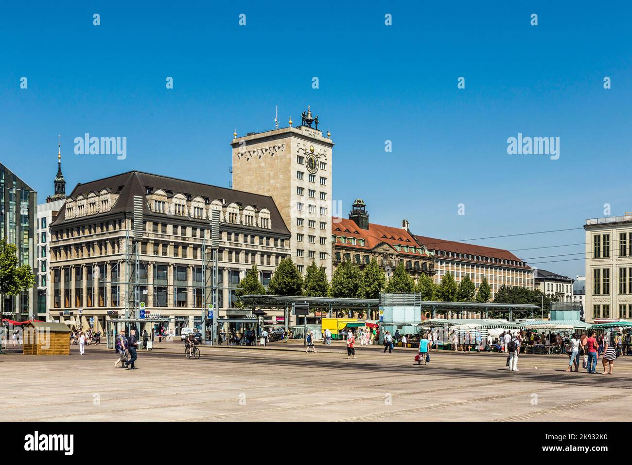 LEIPZIG, GERMANY - AUG 8, 2015: Old Town Hall in Leipzig with people at marketplace. In about 1165, Leipzig was granted municipal status and market pr Stock Photo
