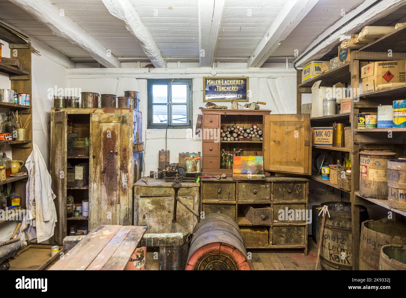 NEU ANSPACH, GERMANY - OCT 2, 2015: old painters shop at Hessenpark in Neu Anspach. Since 1974, more than 100 endangered buildings have been re-erecte Stock Photo