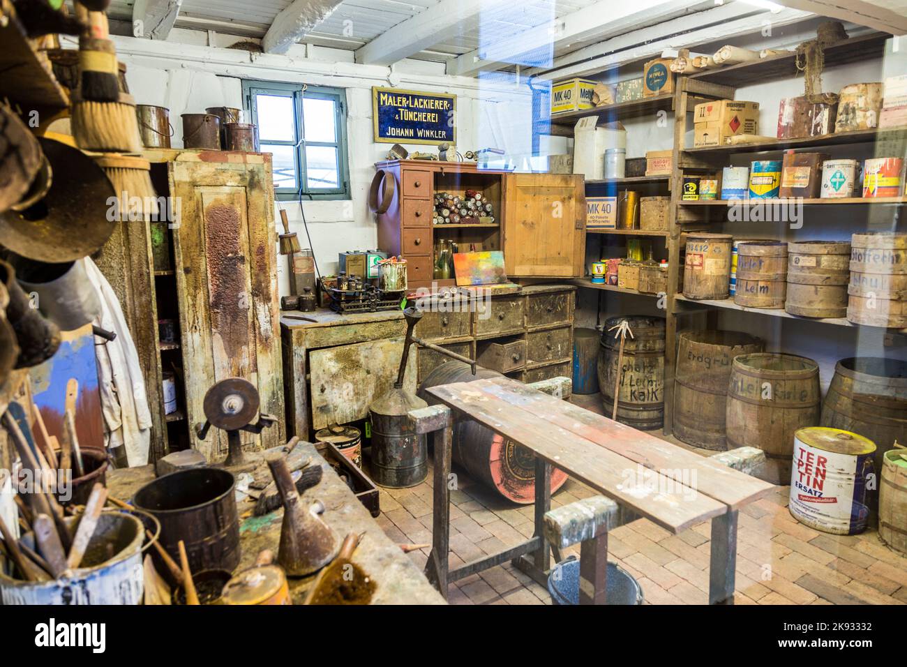 NEU ANSPACH, GERMANY - OCT 2, 2015: old painters shop at Hessenpark in Neu Anspach. Since 1974, more than 100 endangered buildings have been re-erecte Stock Photo